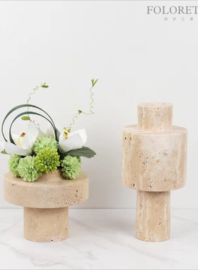 现代轻奢简约天然黄洞石几何异形花器样板间茶几台面云石花瓶摆设