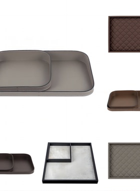 现代轻奢简约不锈钢皮革天然马毛实木托盘样板间茶几收纳盘装饰品