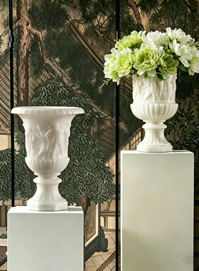 中古风复古风天然大理石雕刻高端花器摆件样板间小法式石材花瓶