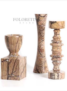 现代侘寂极简意式建筑大理石烛台组合样板间置物架天然石头装饰品