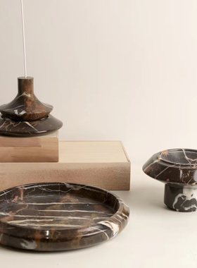 现代极简意式祖母绿黑金花天然大理石原创果盘样板间黄洞石烛台