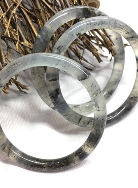 天然岫玉水墨手镯细圆条叮当镯 冰透水墨飘花手镯 女款岫玉镯子