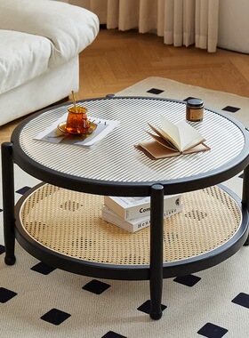 实木藤编长虹玻璃茶几家用客厅复古侘寂原木双层简约圆边几