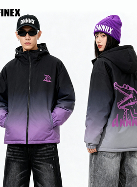 DNNNNX潮流时尚卡通鳄鱼字母印花渐变男女宽松防风羽绒夹克外套