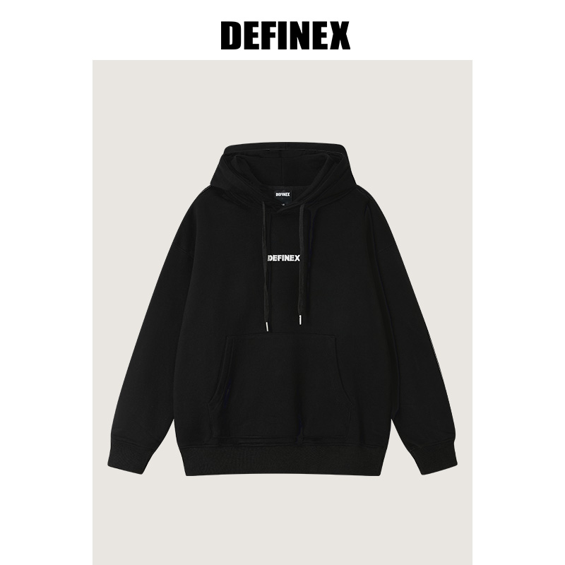 【商场同款】DEFINEX潮牌秋冬酷黑简约男女中性套头加绒连帽卫衣
