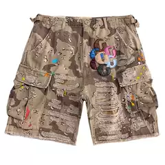 Purple Board Gallery Camouflage Patchwork Leather G-Shaped Retro Washed Distressed High Street American Shorts
