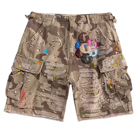Purple Board Gallery Camouflage Patchwork Leather G-Shaped Retro Washed Distressed High Street American Shorts