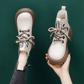 米色厚底马丁靴女2025新款 秋冬加绒百搭真皮短靴显脚小圆头大码