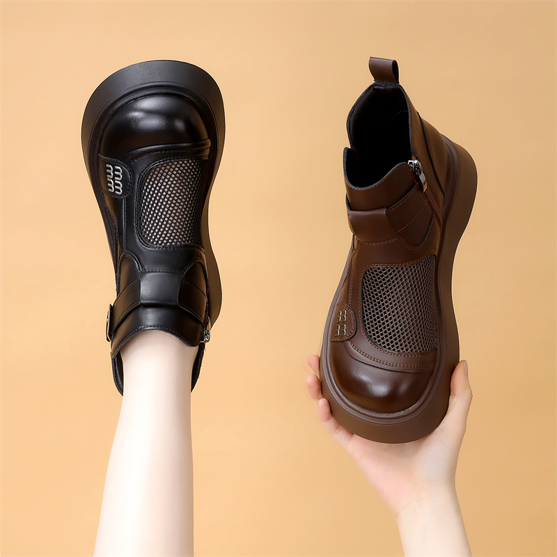 真皮复古马丁靴女春夏透气镂空