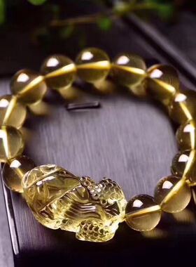 天然黄水晶貔貅手链手工雕刻麻点顺毛吊坠代发招财国风柠檬黄貔貅