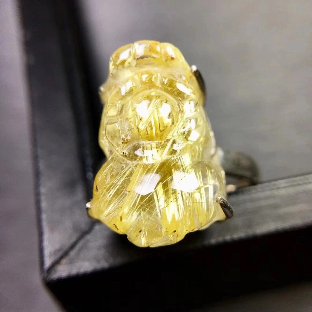 保真纯天然水晶钛晶貔貅戒指金发晶貔貅戒指貔貅戒指钛晶貔貅925