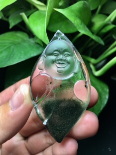 天然水晶巴西绿幽灵聚宝盆弥勒佛吊坠心中有佛项坠笑佛