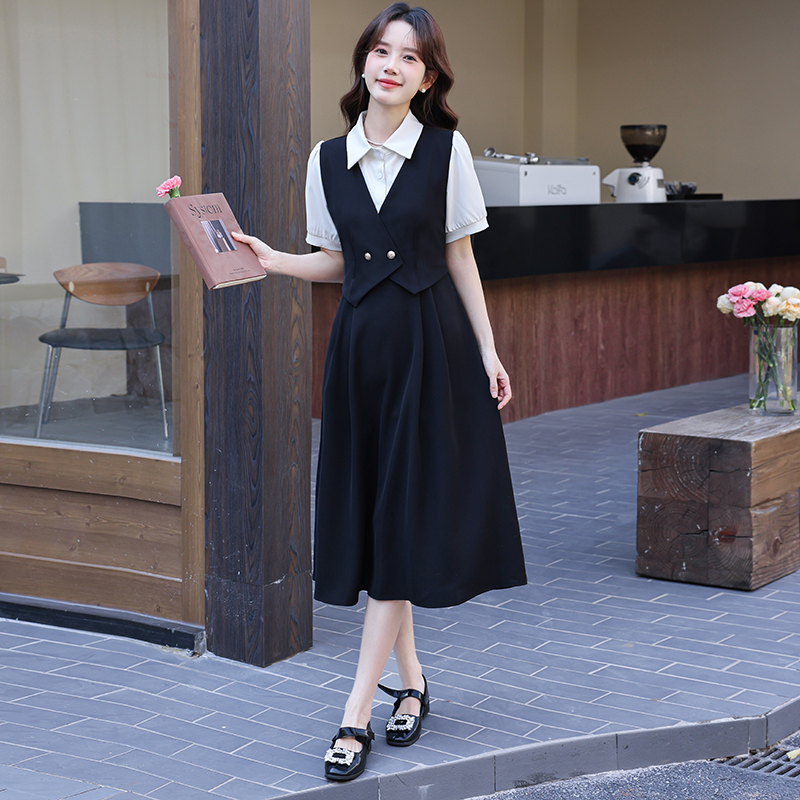 学院面试教资短袖假两件连衣裙女