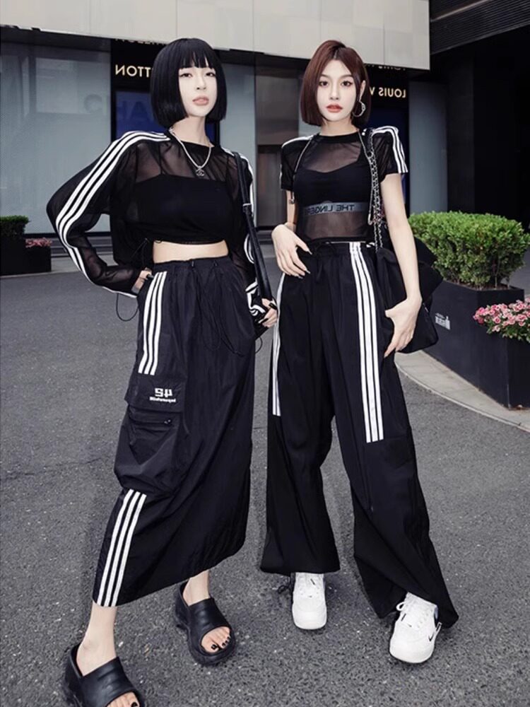 甜辣风网纱条纹拼接防晒罩衫T恤女夏季设计感辣妹性感微透上衣潮