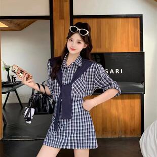 系气质假两件披肩格子正肩连衣裙女2025夏显瘦可盐可甜衬衫裙