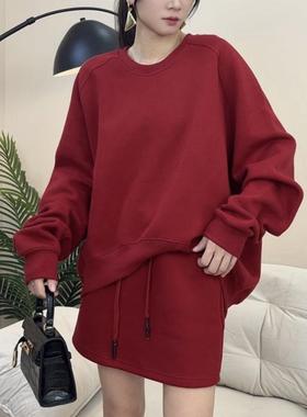 高级感盐系炸街红色卫衣套装女春秋复古休闲半身裙运动两件套减龄