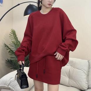 高级感盐系炸街红色卫衣套装女春秋复古休闲半身裙运动两件套减龄