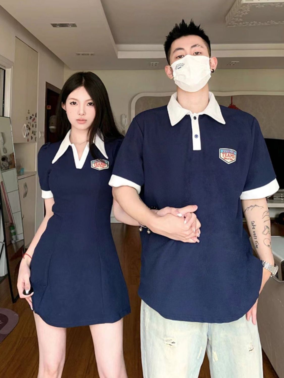 美式情侣装夏季2023新款翻领polo短袖T恤小众设计感一裙一衣ins潮