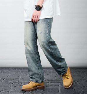 搭配大黄靴裤子男马丁靴美式复古直筒宽松浅色黄泥牛仔裤男款潮牌