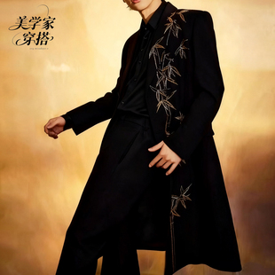 短剧明星同款中国风新中式金竹刺绣西装中长款双排扣垫肩大衣风衣