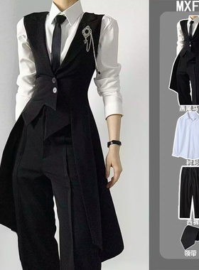 黑色燕尾服长款马甲痞帅男女中性风高级感修身学院风坎肩背心马夹