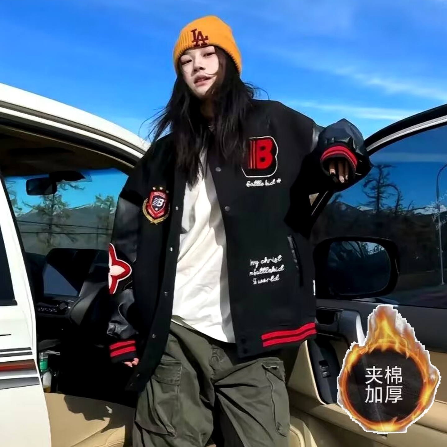 美式高街潮牌机车服外套男早秋款国潮hiphop刺绣拼接飞行夹克外套