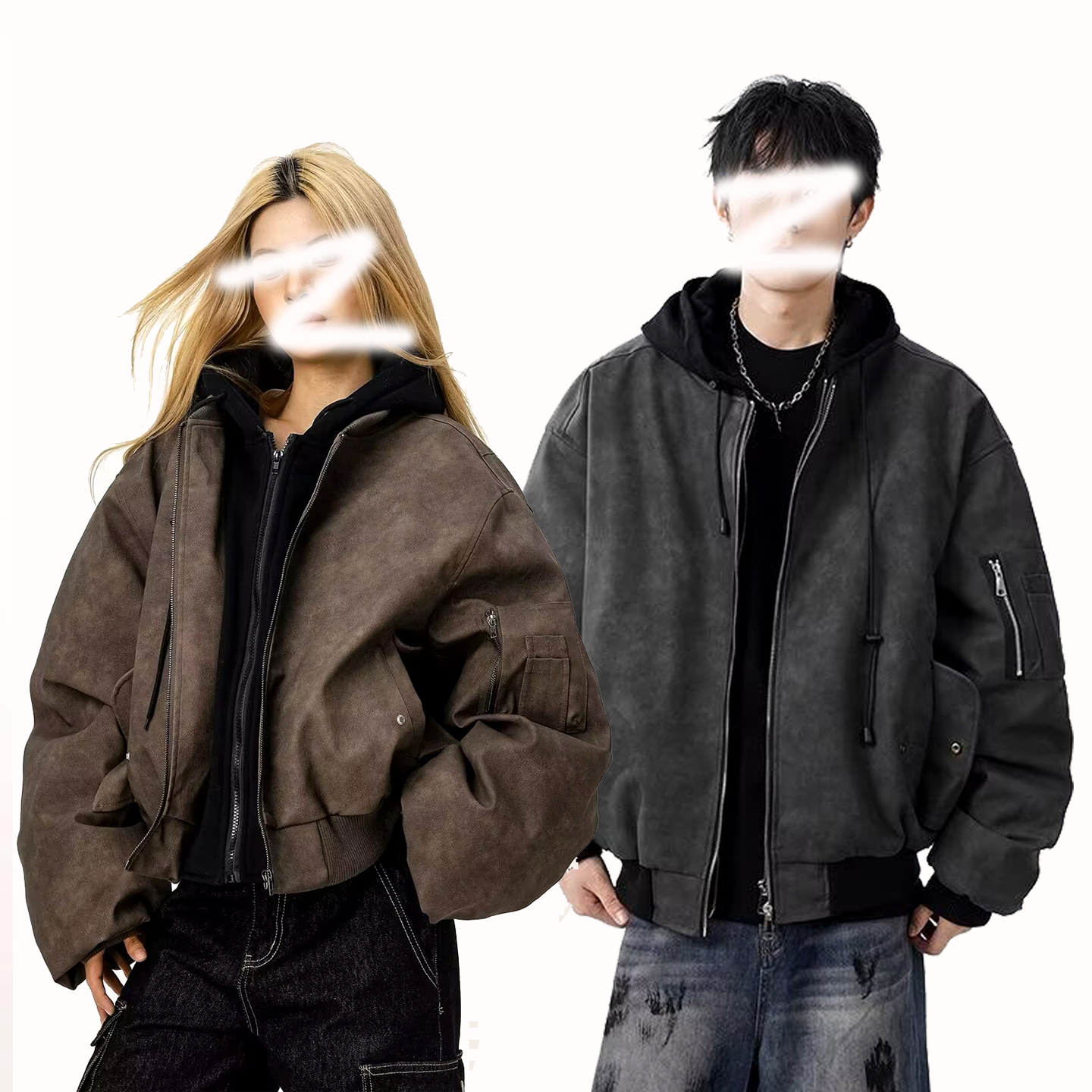 美式高街假两件棉服男女冬季