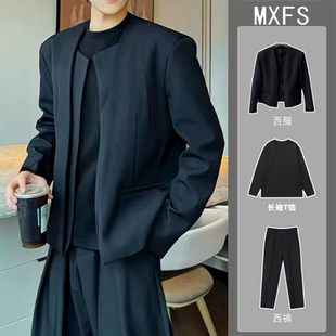 无领假两件西装外套男款高级感痞帅男模穿搭休闲通勤小西装套装潮