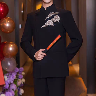 订婚帅气新郎结婚礼服 婚服立领黑色复古中山装 婚纱影楼新中式 男士