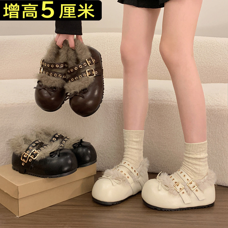 韩系内增高毛毛玛丽珍鞋女2025冬季新款蝴蝶结双扣带百搭加绒单鞋,女鞋,玛丽珍鞋,淘宝优惠券,粉丝福利购,淘宝优惠卷