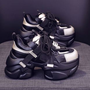 黑色老爹鞋女秋冬加绒2025新款爆款厚底鞋子女真皮增高休闲运动鞋