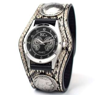 官方代理日本KC,s 天然蟒蛇皮配牛皮美式复古5美分硬币扣手环