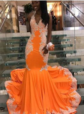 Orange Halter Long Mermaid Prom Dresses Lace Appliques Open