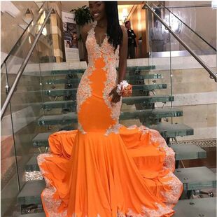 Orange Halter Long Mermaid Prom Dresses Lace Appliques Open