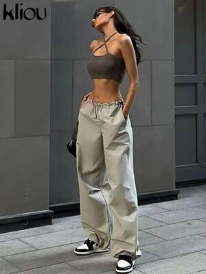 Kliou Solid Casual Oversized Cargo Pants Women Hipster Draws