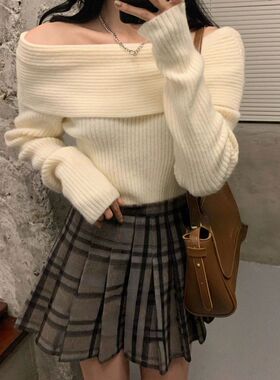 Off Shoulder Knitted Sweater Women Long Sleeve Elegant Pullo