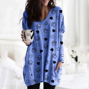 Oversized hoodie Women Fashion Paw Print V-neck Pocket Long