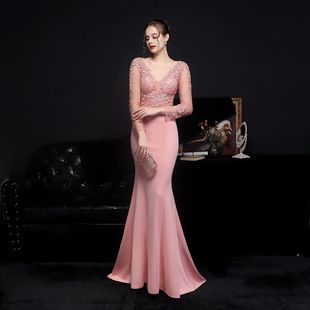 YIDINGZS Women Pink Long Dress V-neck Appliques Full Sleeve