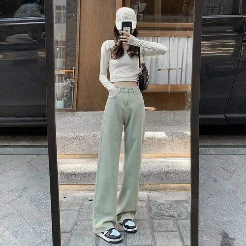 Green Women Jeans High Waist Loose Straight Leg Femme Jean 2