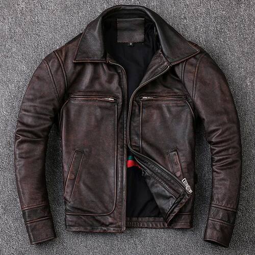 New Men Cowhide Coat Men's Genuine Leather Jacket Vintage St