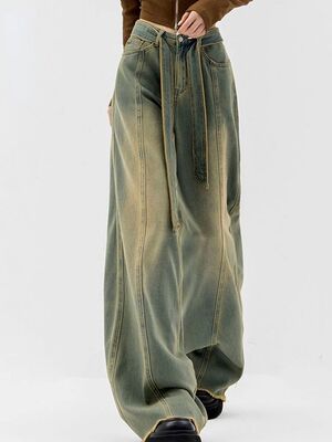 Y2K Women Vintage Setwear Korean Baggy Cargo Jeans Retro Str