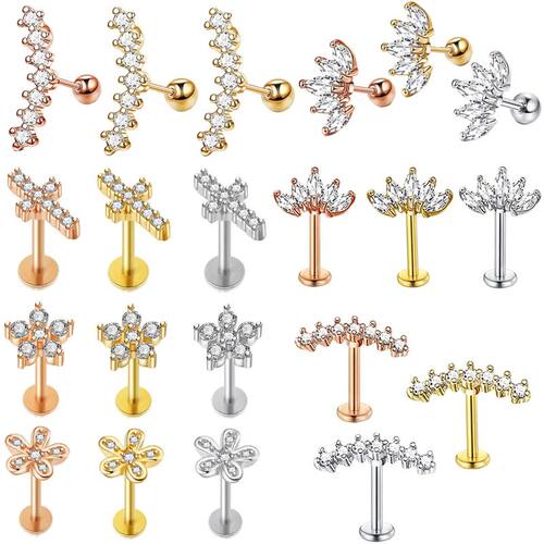 Crystal Flower Tragus Piercing Earring Flat 16G Cross Cartil