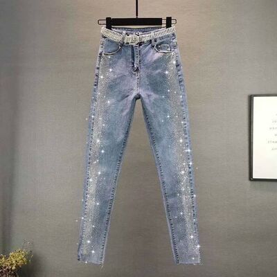 Spring Autumn Setwear Women Vintage Blue slim Diamonds High