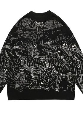Vintage Knitted Sweater Harajuku Ukiyo-e Style Skull Graffit