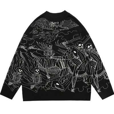 Vintage Knitted Sweater Harajuku Ukiyo-e Style Skull Graffit