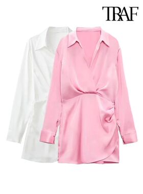 TRAF Women Fashion With Gathered Satin  Dress Vintage V Neck