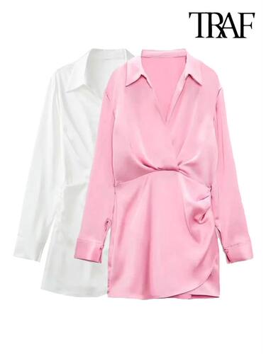 TRAF Women Fashion With Gathered Satin  Dress Vintage V Neck