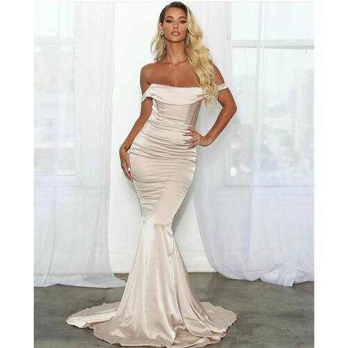 Elegant Long Off Shoulder Mermaid Evening Dresses Satin Plea