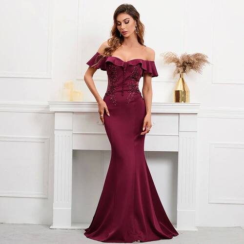 YIDINGZS Soft Satin See Through Appliques Beading Long Eveni