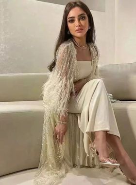 Sharon Said Light Yellow Luxury Dubai Feathers Evening Dress